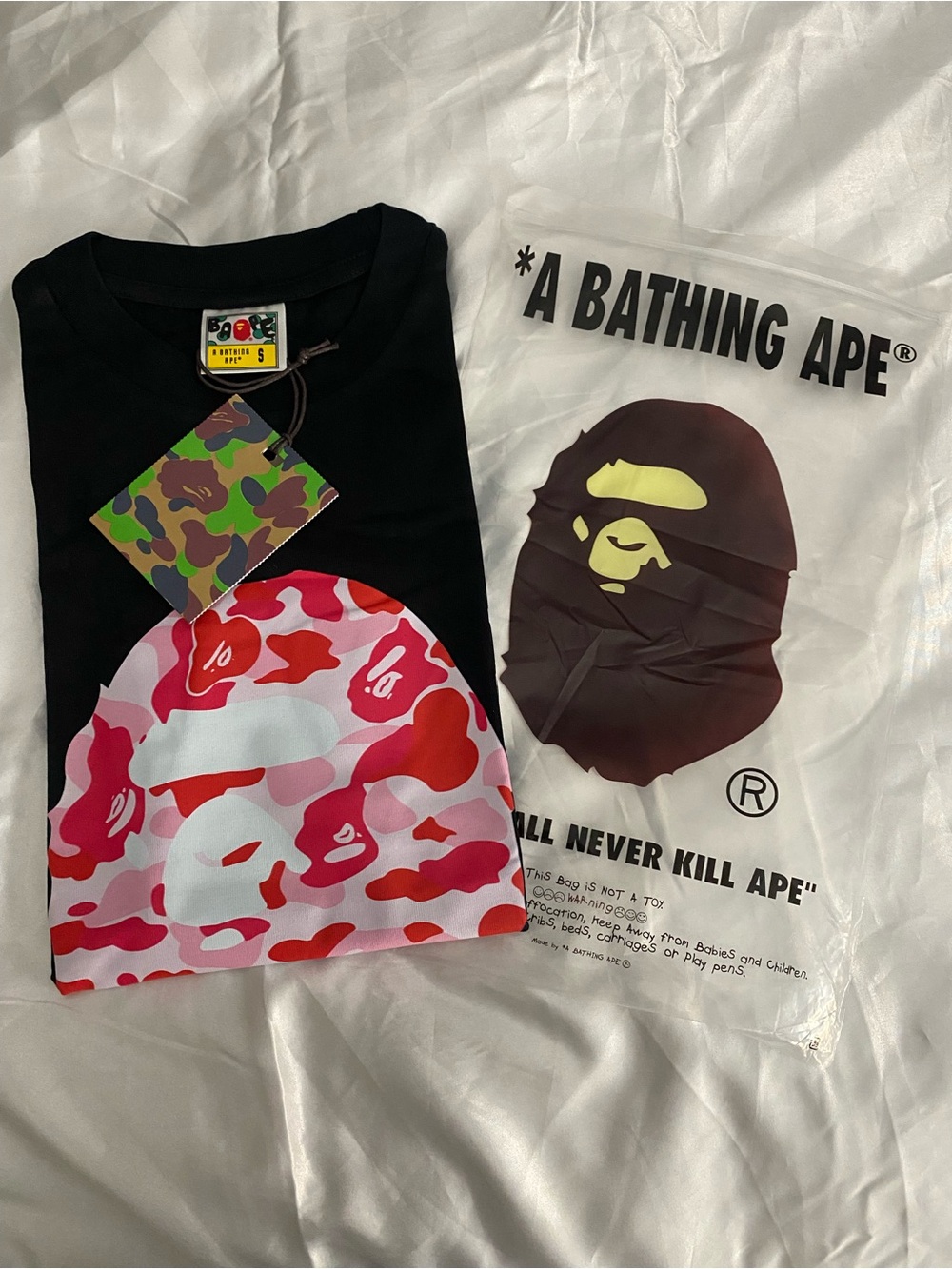 A Bathing Ape Kids' Black Tee with Pink & Red Camo Ape Head